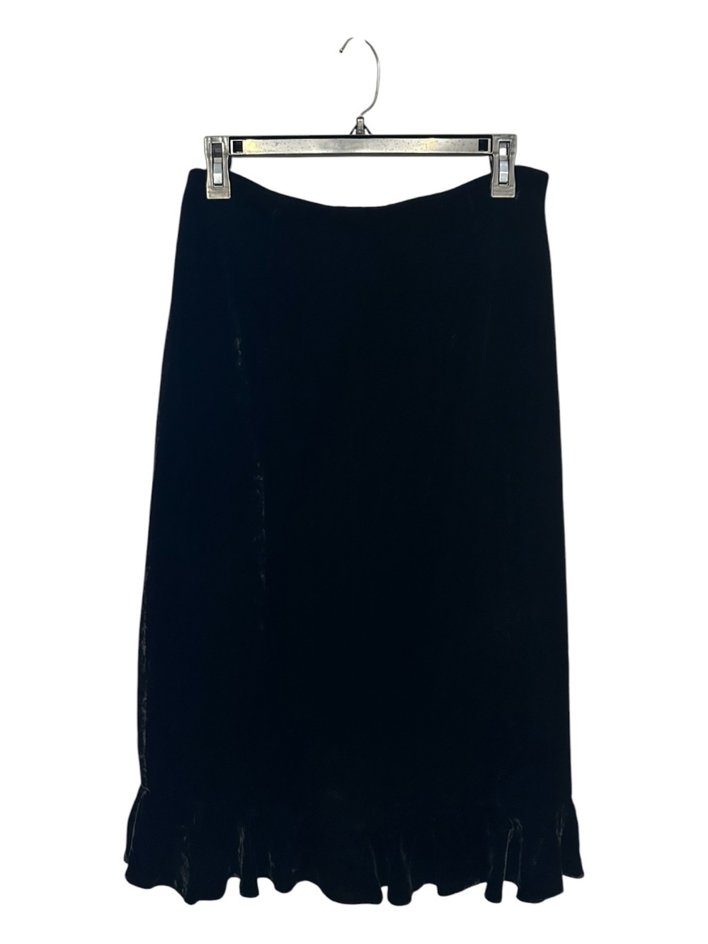 Vintage 90’s Amanda Smith Black Velvet Midi Skirt with Subtle Ruffle Hem Size 8
